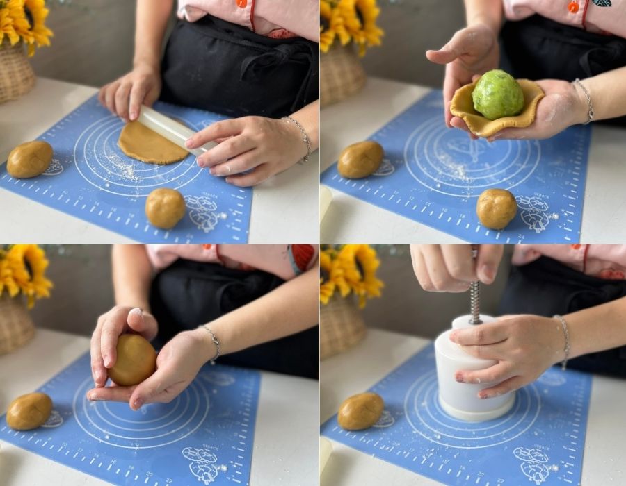 Phủ vỏ bánh lên nhân rồi đóng khuôn